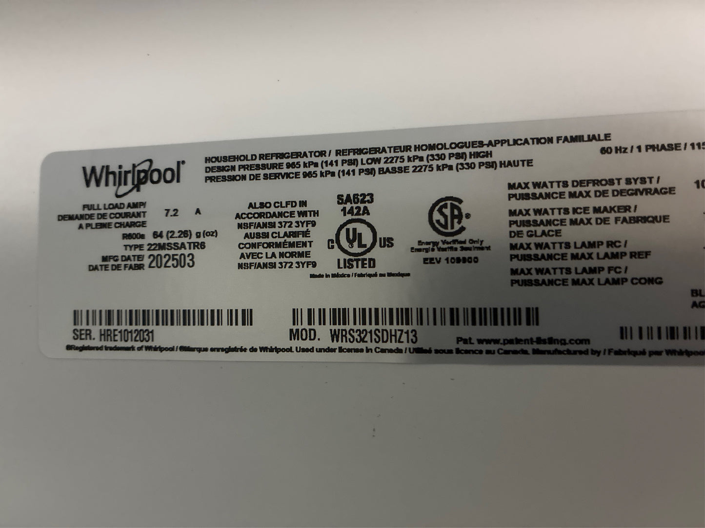 Whirlpool 21.4 cu ft Side by Side Fridge
