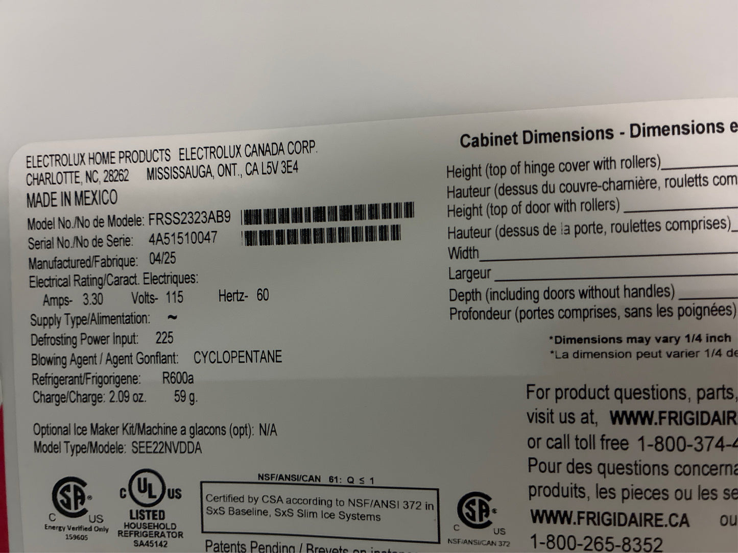 Frigidaire 22.3 cu. ft. Side by Side Fridge