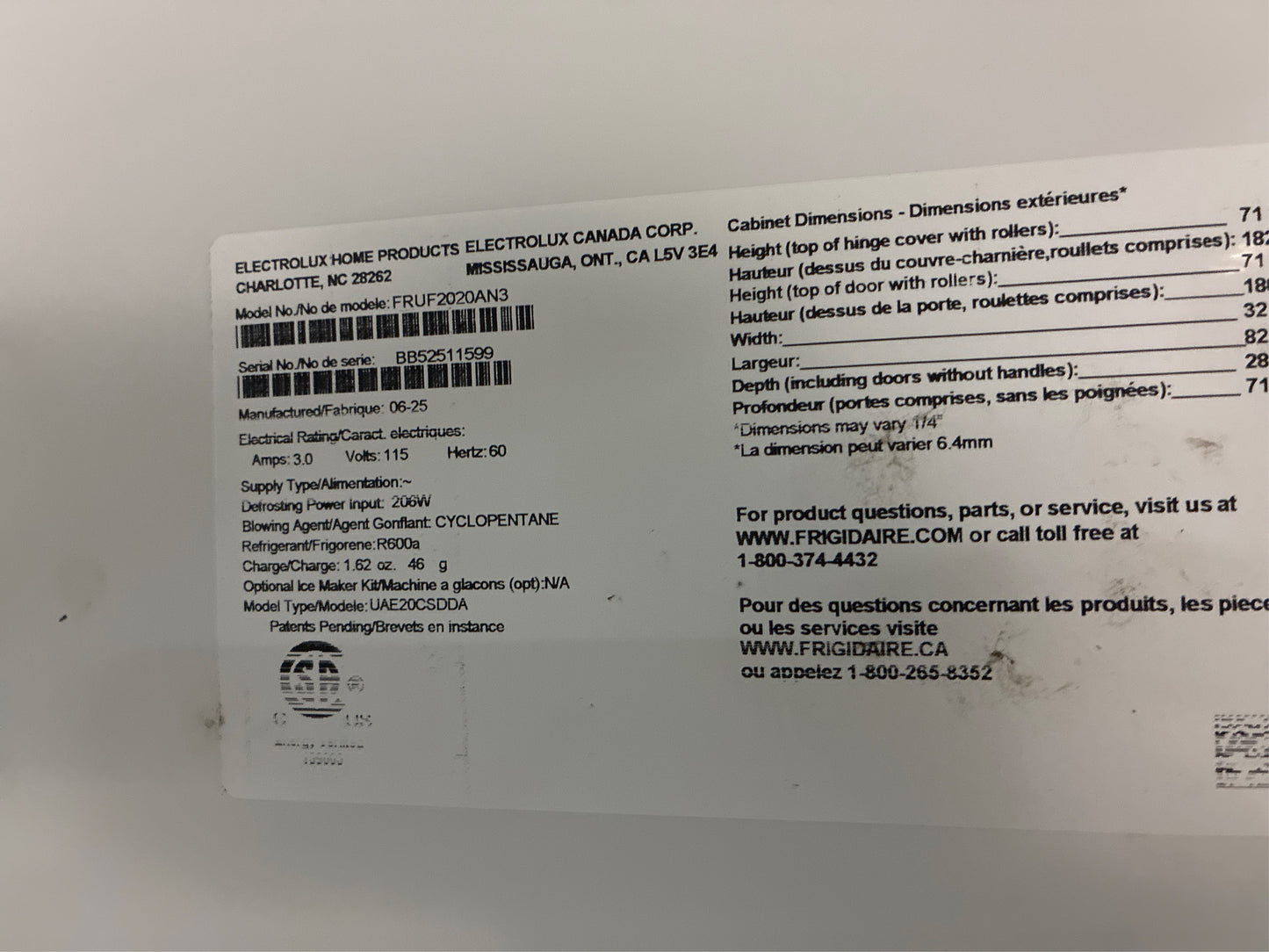 Frigidaire 32.6 in. Upright Freezer, 20 cu ft, Carbon