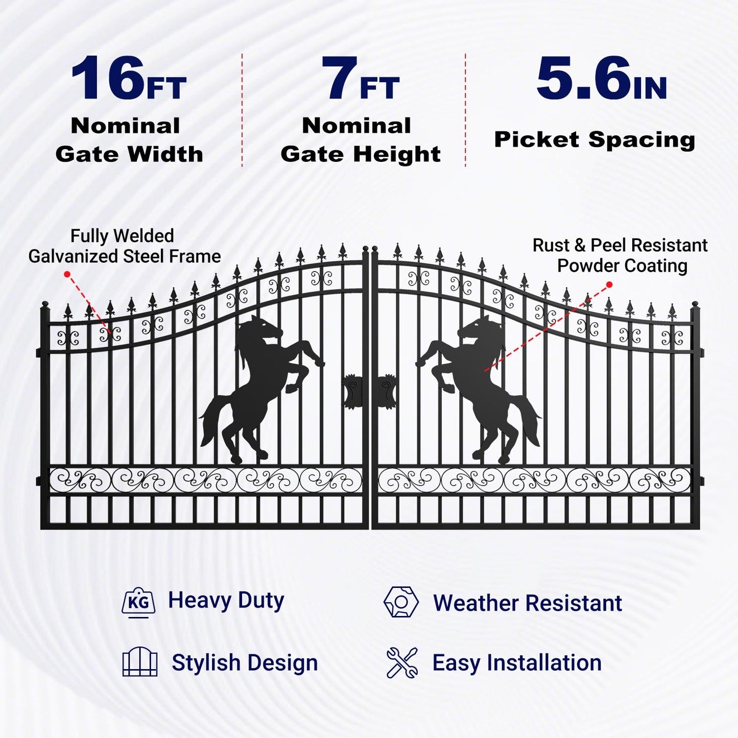 16x7 ft Steel Dual Swing Driveway Gate with Horse Pattern
