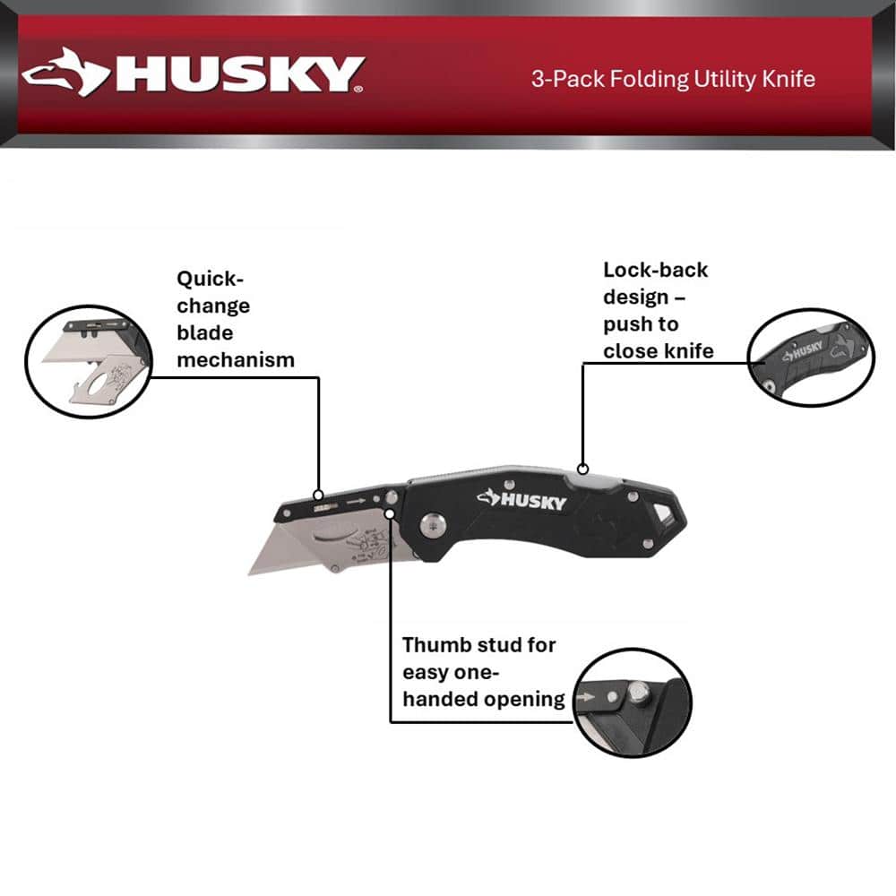 HUSKY 3-PACK FOLDING LOCK-BACK Utility Knife