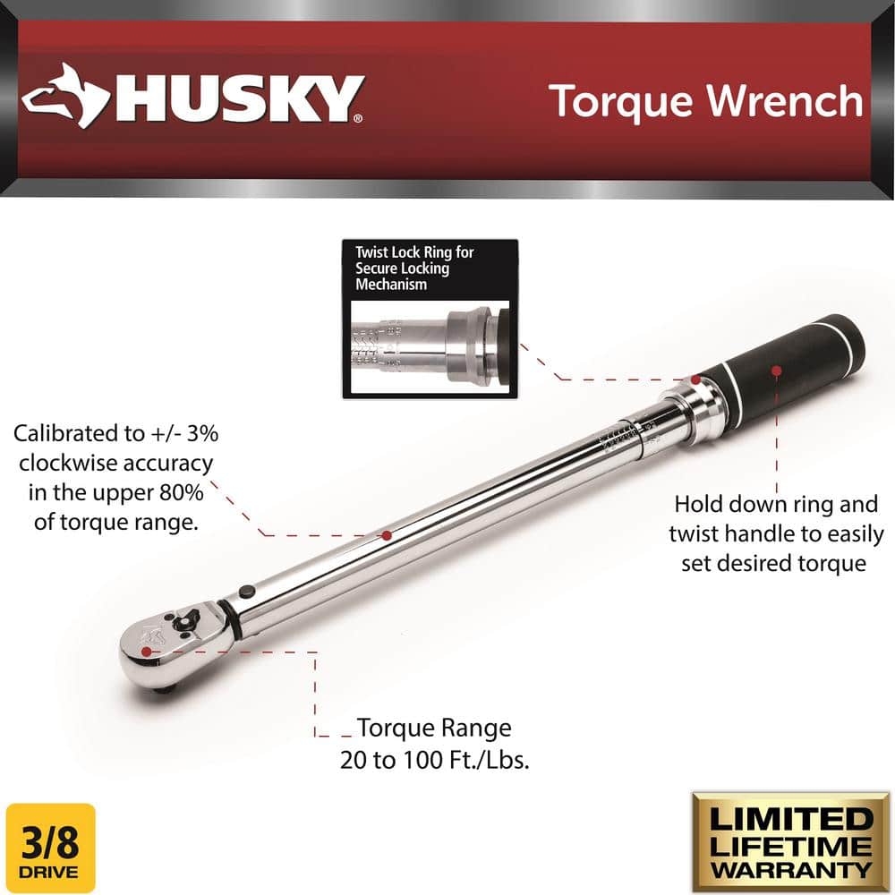 Husky 3/8 in. Drive Torque Wrench, 20-100 ft./lbs.