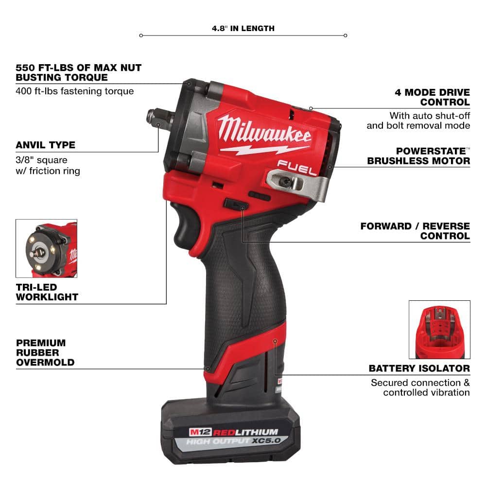 Milwaukee M12 FUEL 3/8 in. Stubby Impact Kit