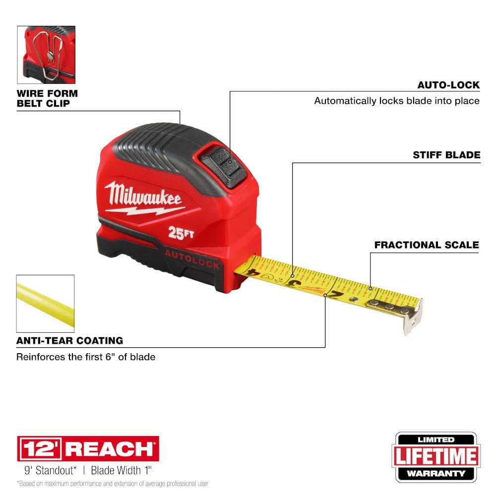 Auto Lock 25' Tape Measure, Fractional Scale