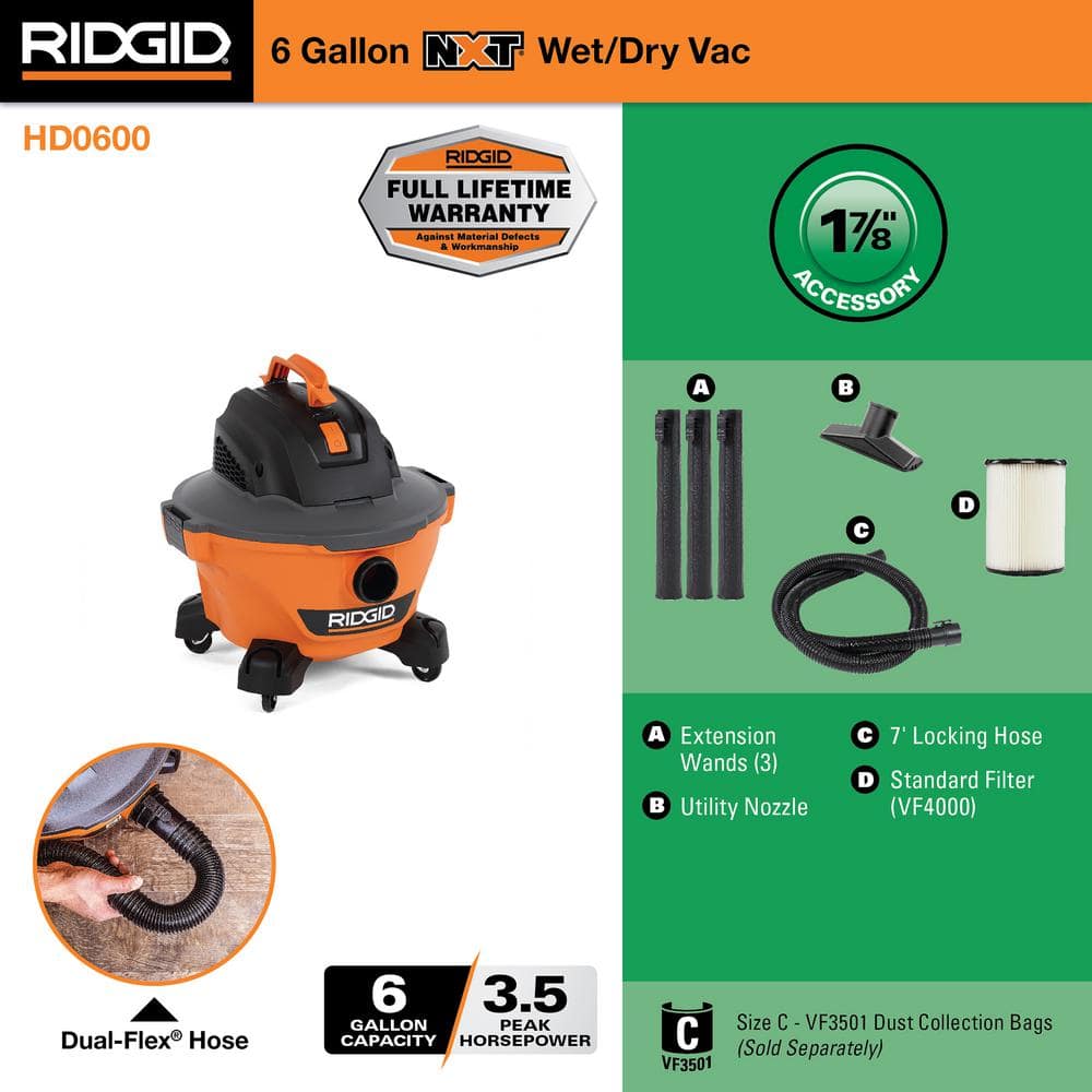 RIDGID 6 Gal 3.5 HP NXT Wet Dry Vac, Filter & Hose