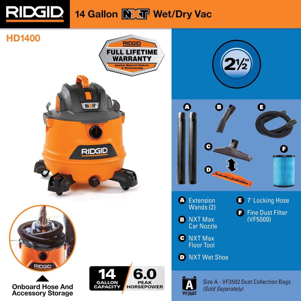 RIDGID 14 Gal 6.0 HP NXT Shop Vac Wet/Dry